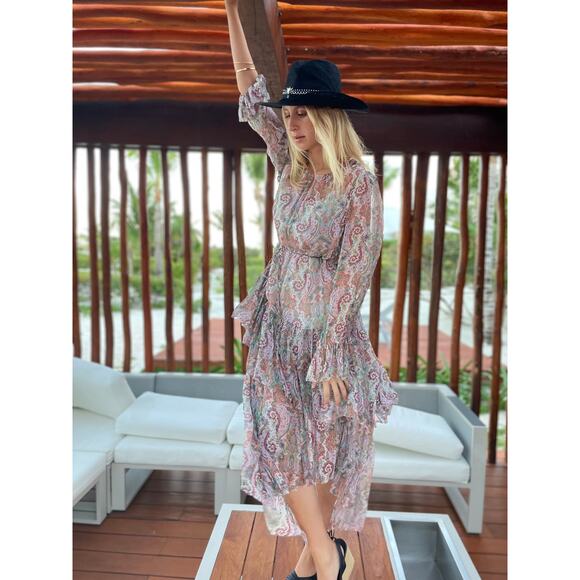 ZIMMERMANN Silk Paisley Floral Tiered Dress Long Sleeves Asymmetric Hem Medium - Picture 9 of 9